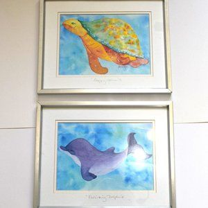 Set of 2 Hawaiian Watercolor Paintings (Turtle and Dolphin)